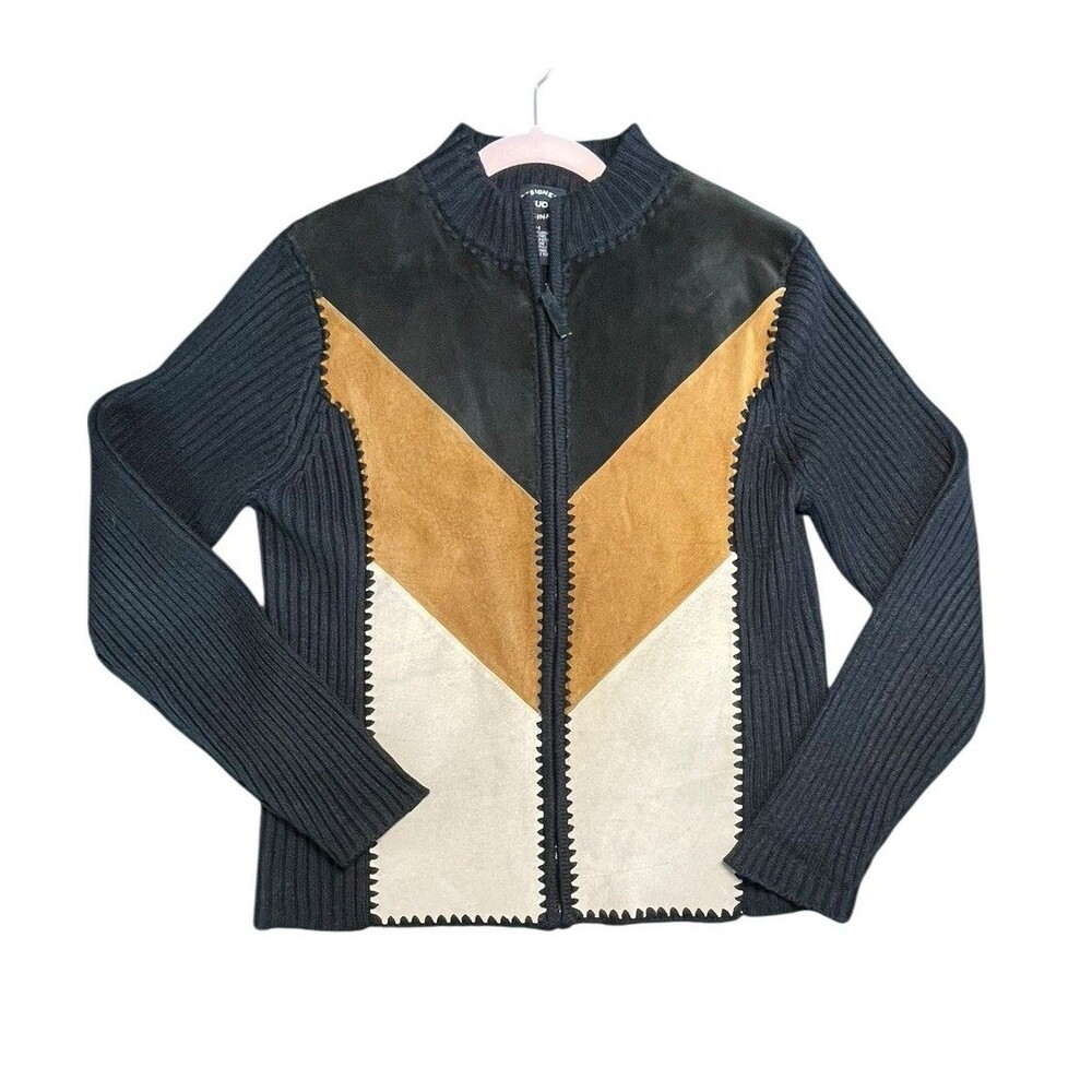 Designers Studio Originals Jacket Women's M Brown  Knit Patchwork 70s Retro Boho